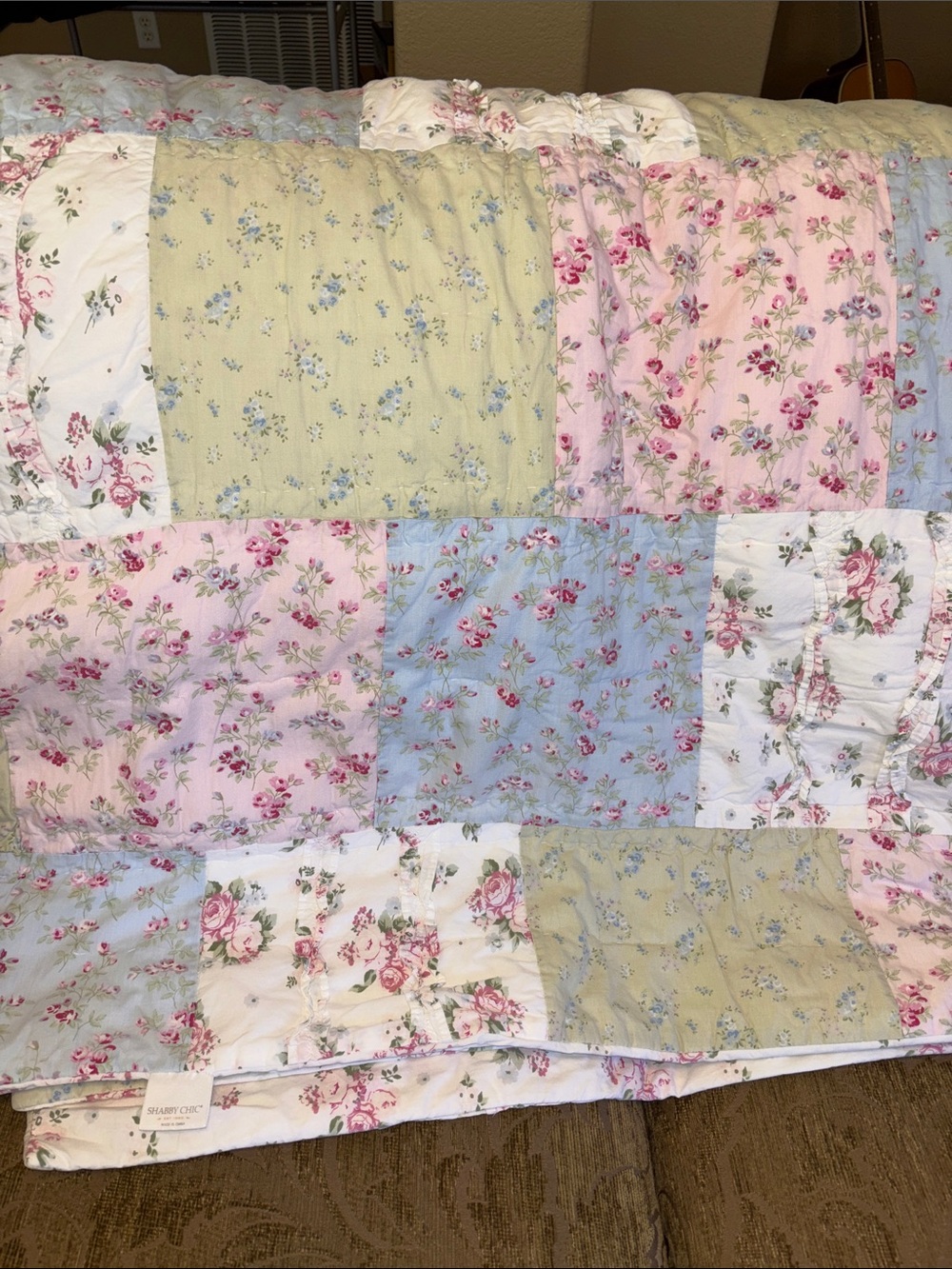 Shabby Chic Floral Patchwork Quilt - Pink, Blue, Cream, Green